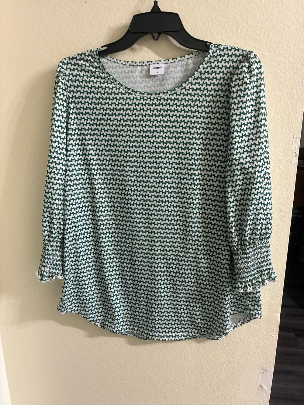 J. Crew Factory Green and White Patterned Round-Neck Blouse